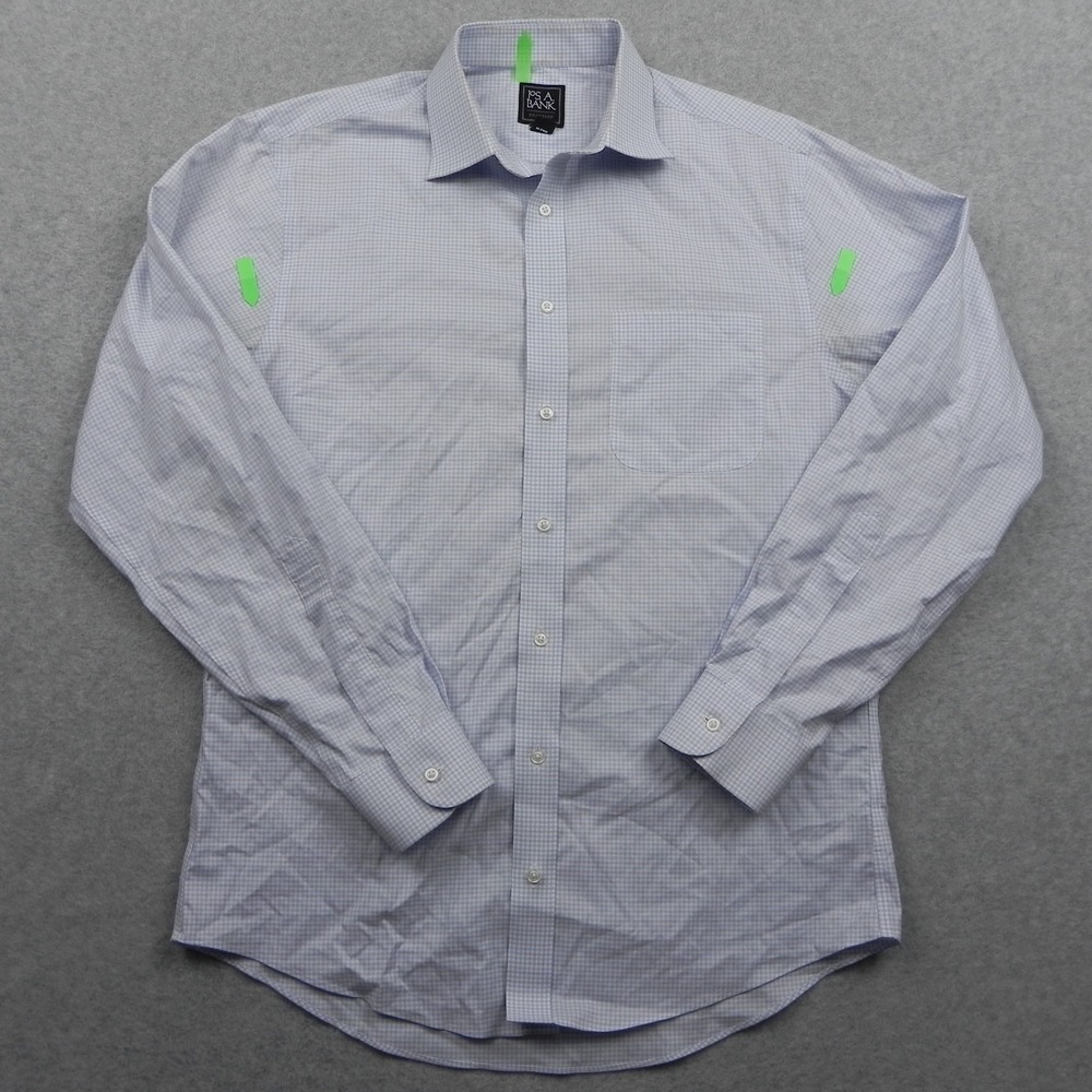 Jos A Bank Shirt Mens 15.5-34 Traveler Slim Fit Button Up Blue Check Long Sleeve